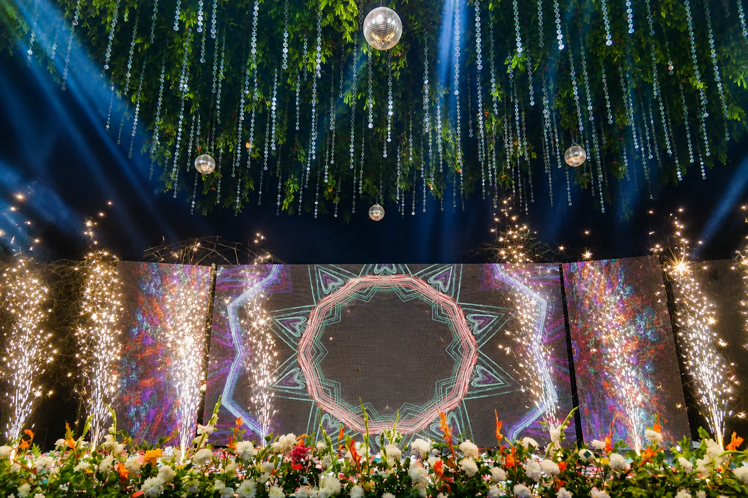 Sunbird Lawn set with a sangeet stage at The Banyan Retreat Jim Corbett