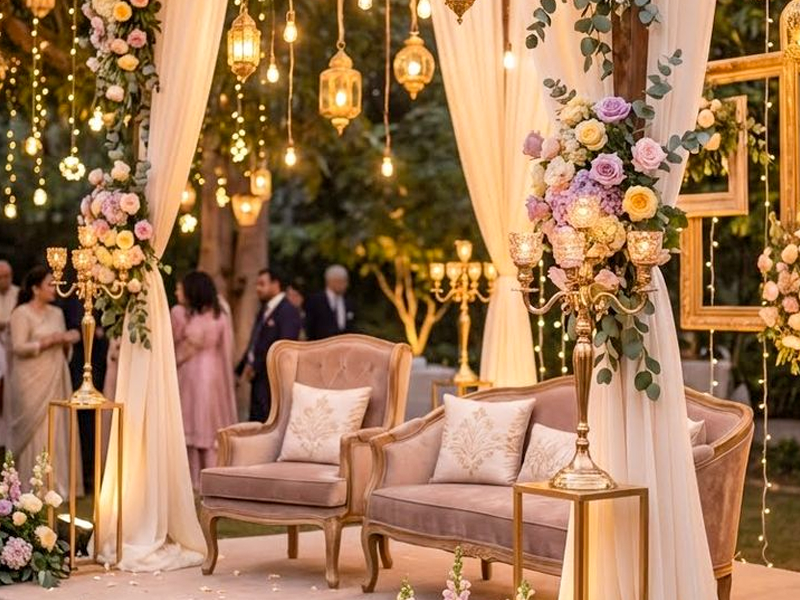 Evening cocktail lounge setup with lanterns, drapes and floral pillars at La Perle River Resort