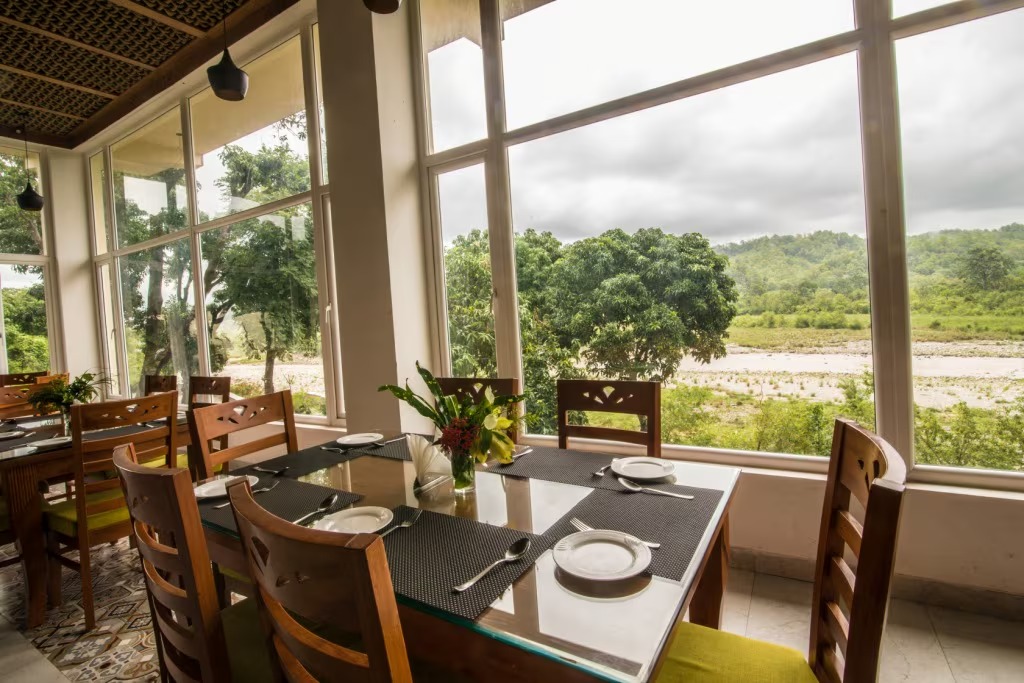 Restaurant interior at La Perle River Resort, Jim Corbett