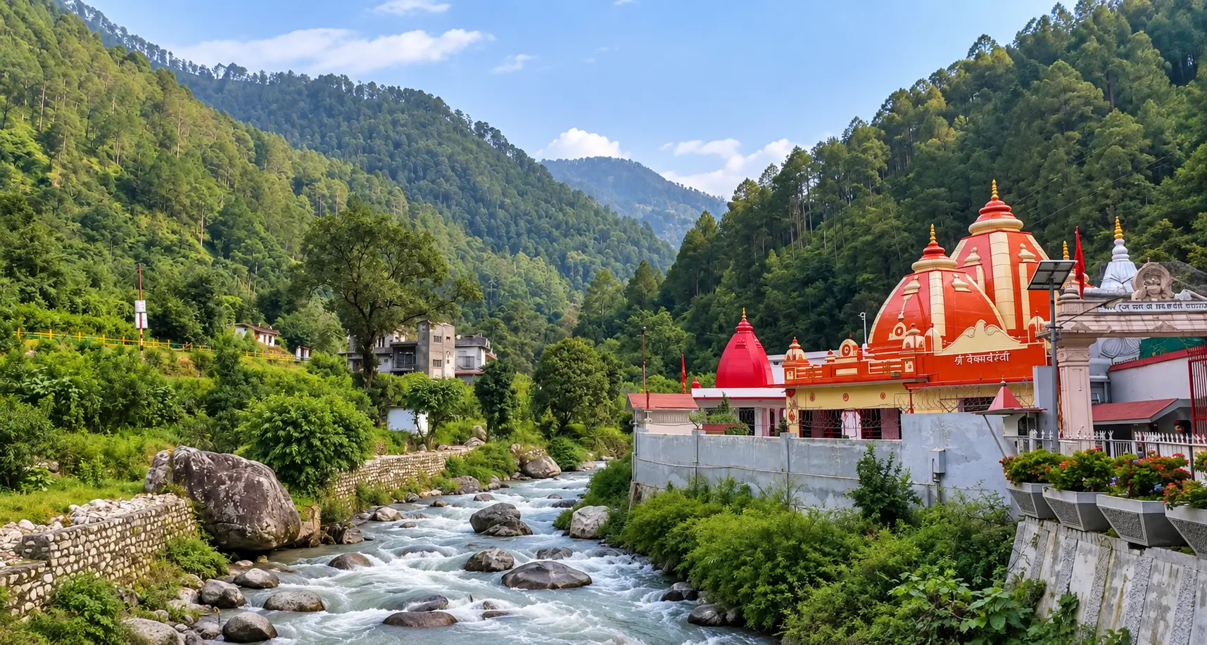 Temple courtyard with prayer bells and marigold garlands in the hills near Kainchi Dham