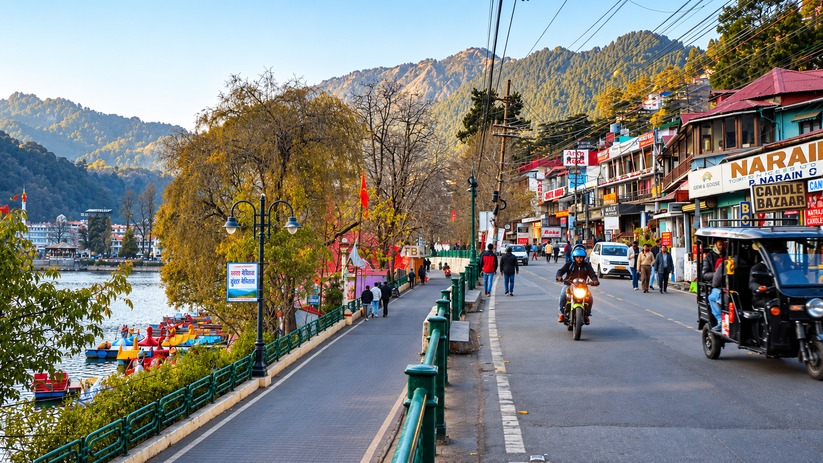 Busy Mall Road street with lakeside shops, an auto-rickshaw and Naini Lake in the background