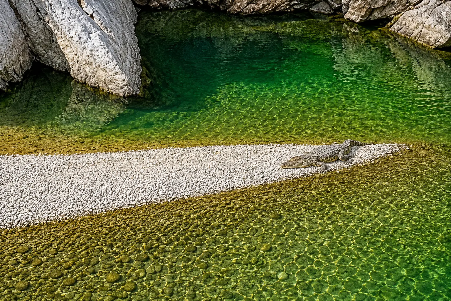 Crocodile basking on a white pebble bank in clear green river water