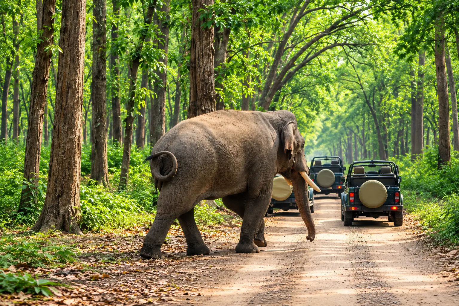 Wild elephant crossing a forest road ahead of safari jeeps in Jim Corbett