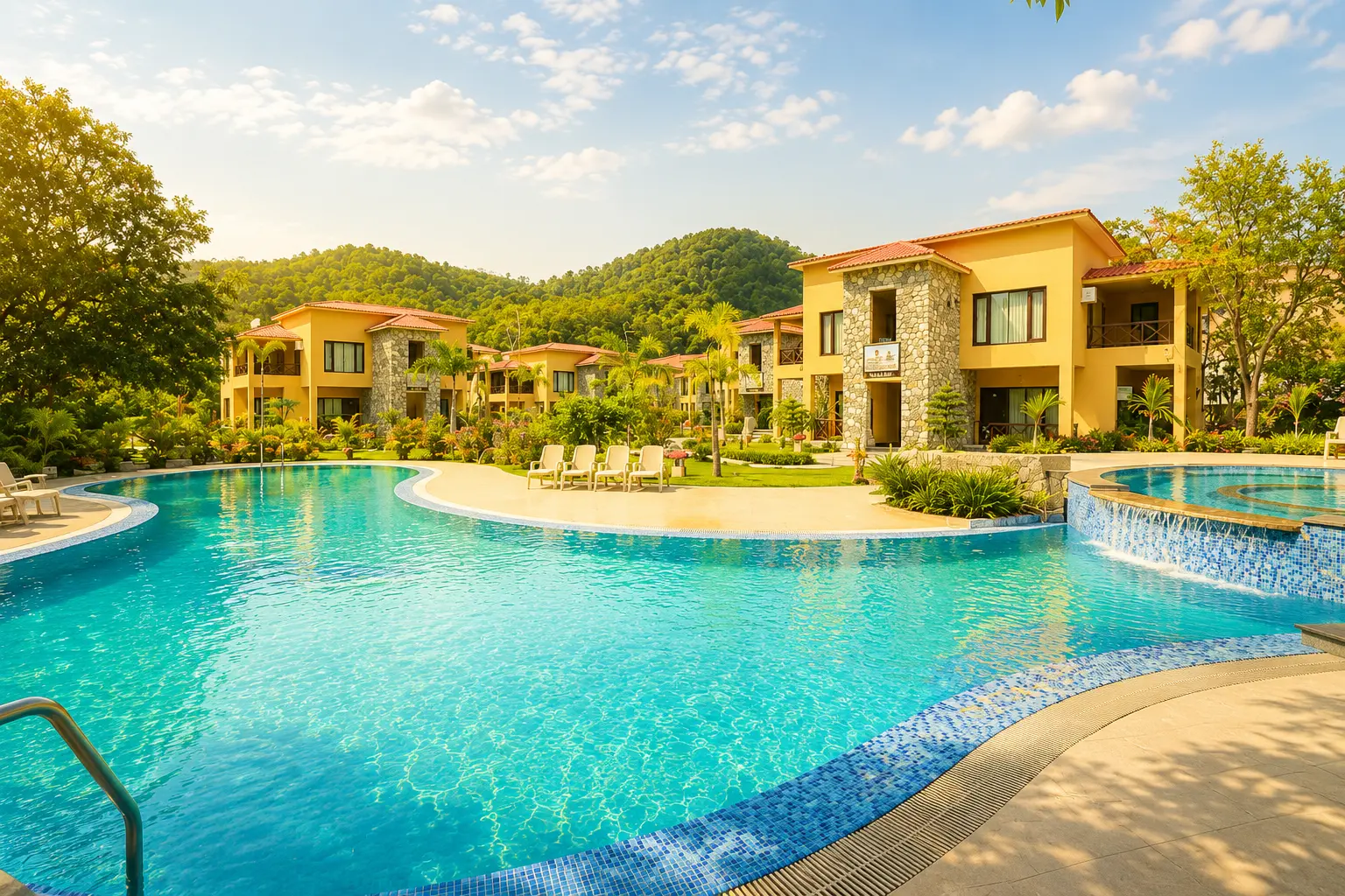 Swimming pool and stone-clad villas at Mango Bloom River Resort