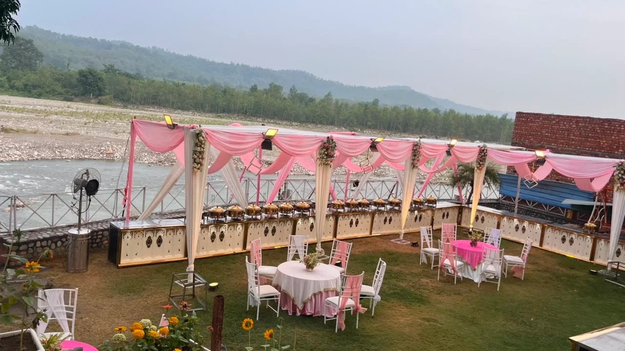 Wedding dining set-up at Bagh Haveli Restaurant, La Perle River Resort