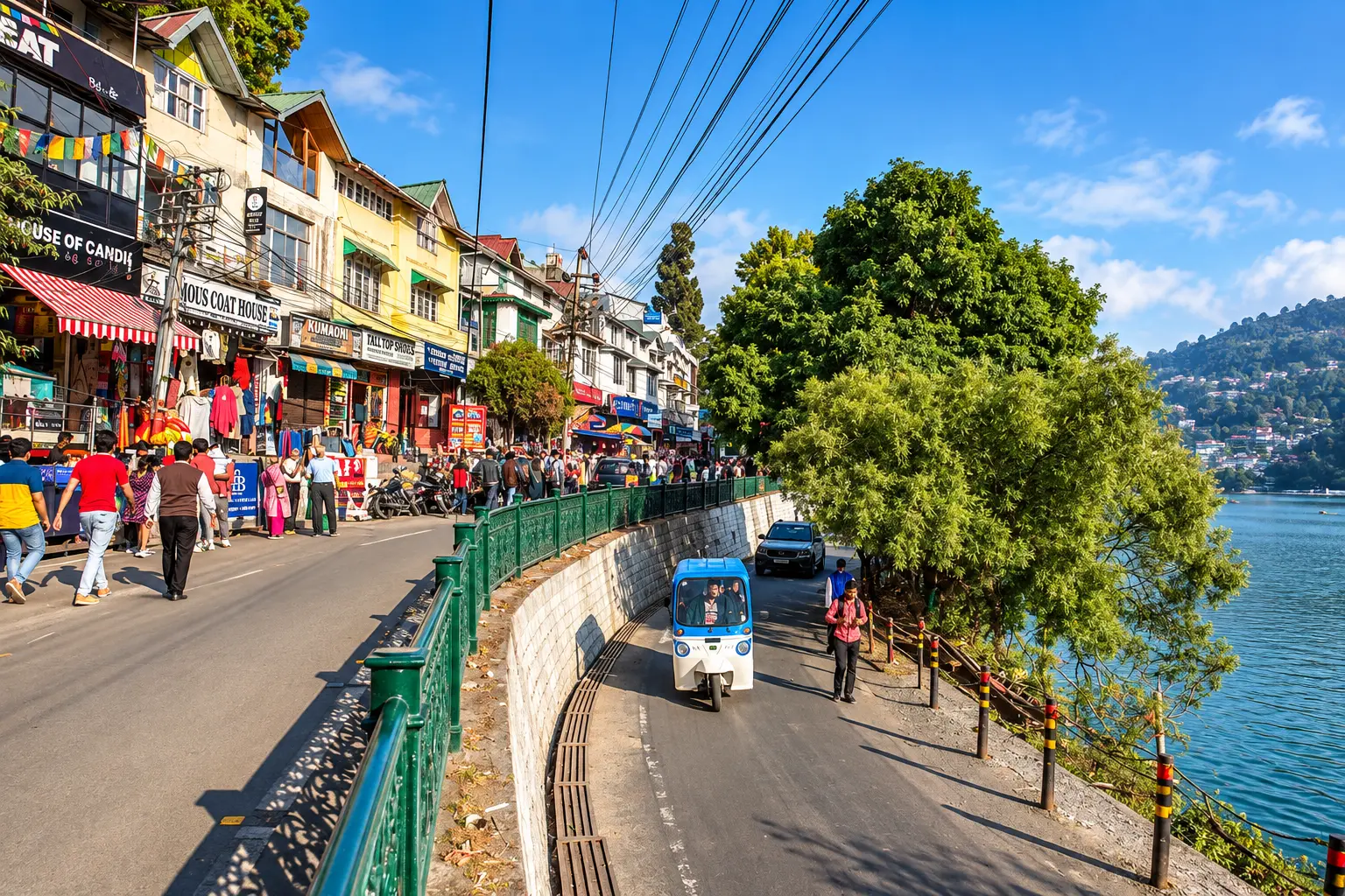 Colourful shops and busy pedestrian street along Mall Road, Nainital