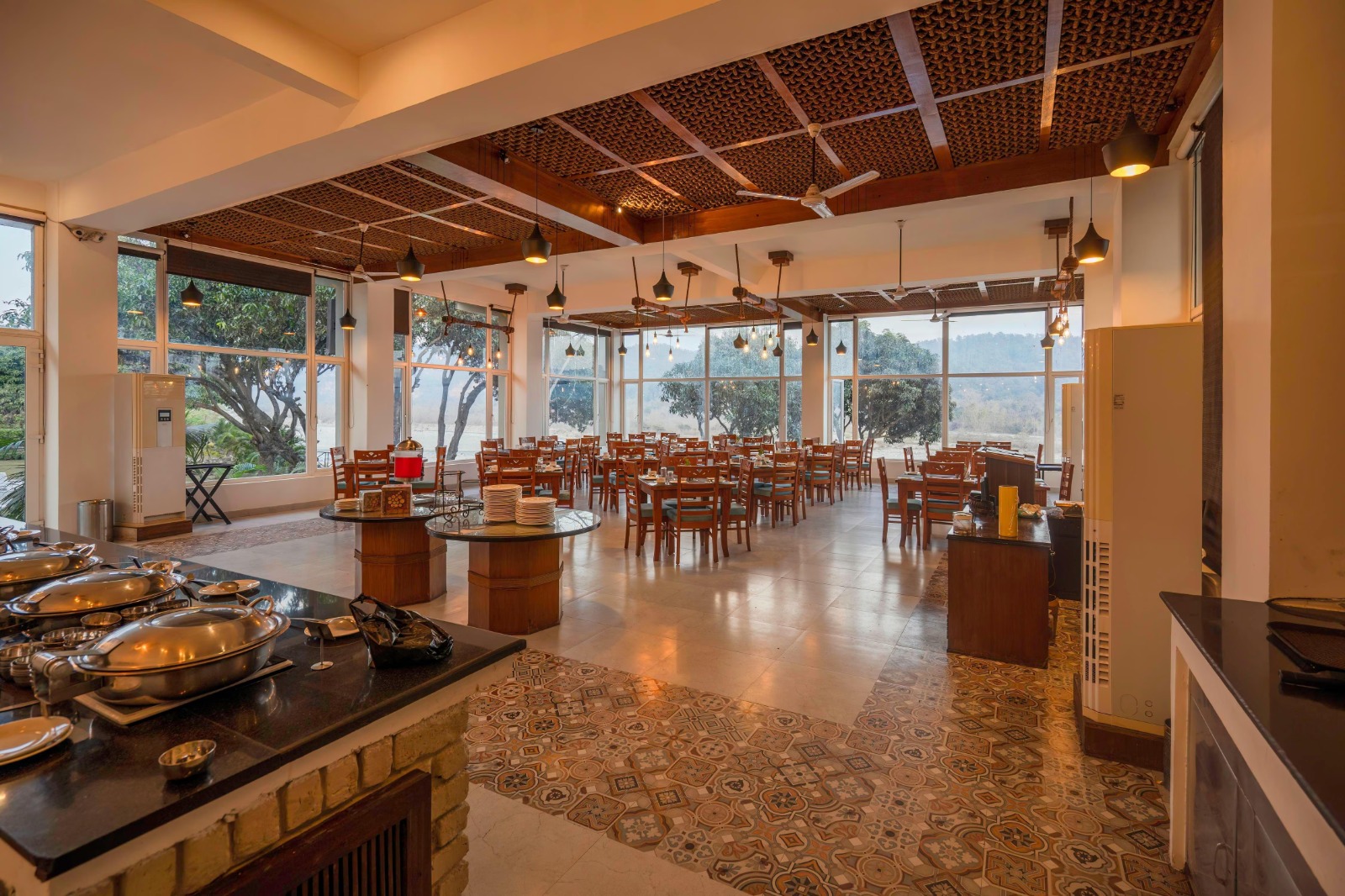 Buffet spread and live counters at La Perle River Resort, Jim Corbett