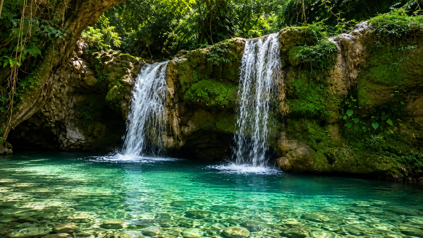 Twin streams of Barati Rau Waterfall flowing into a clear emerald pool in a lush forest setting
