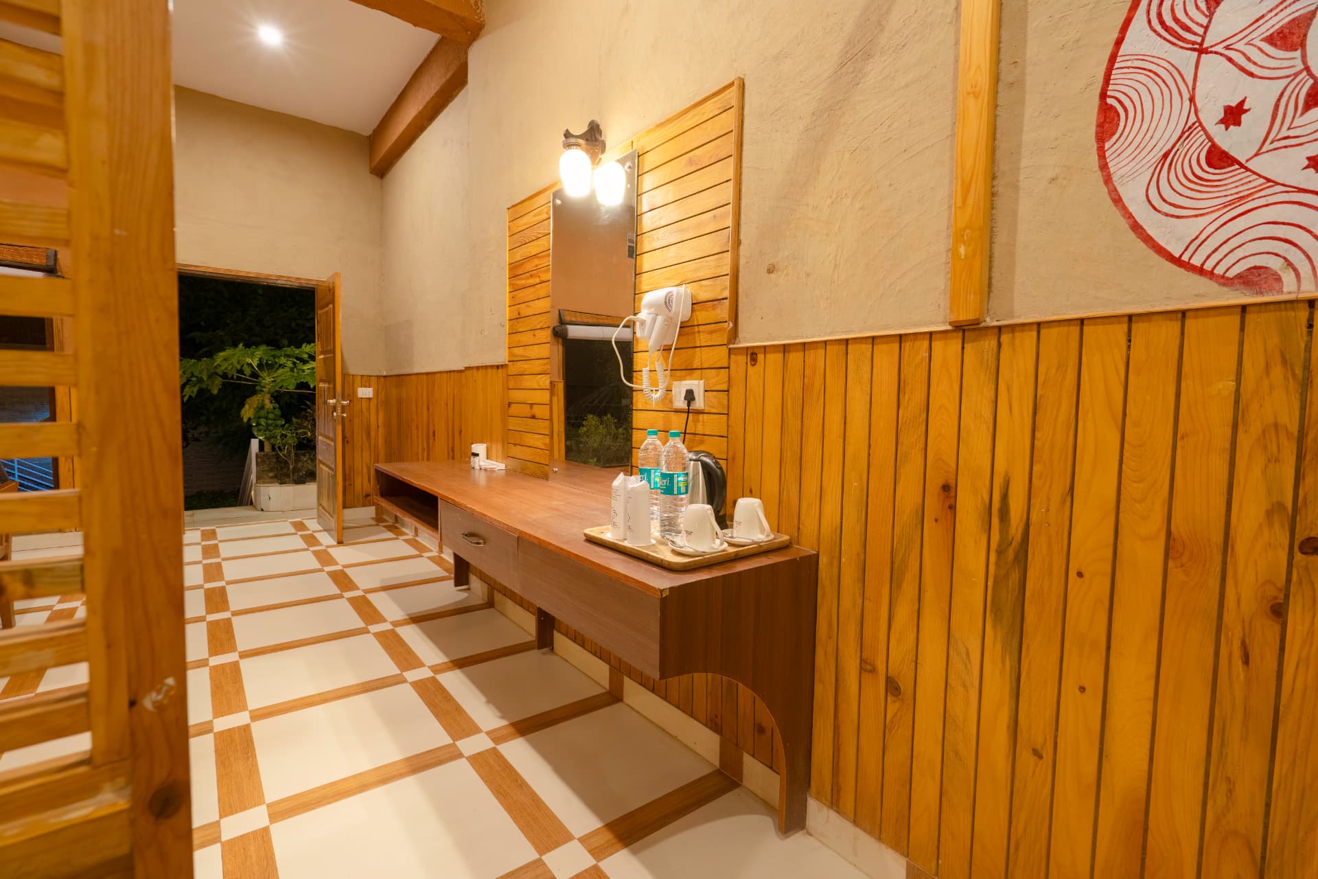 Wood-panelled vanity and dressing area in Banyan Gaon