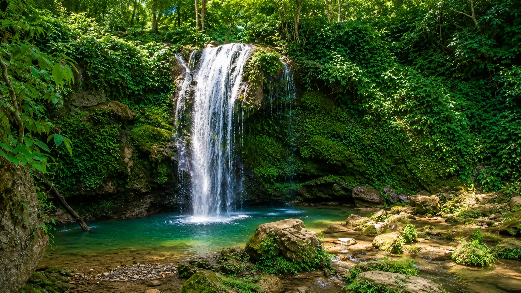 Corbett Waterfall flowing over mossy rocks into a clear green pool in the Corbett forest