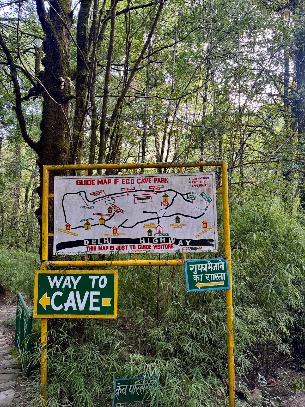 Guide map showing the way to caves inside Eco Cave Park, Nainital