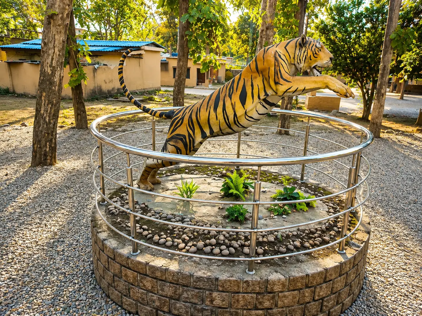 Leaping tiger sculpture on display at Dhangarhi Museum, Jim Corbett