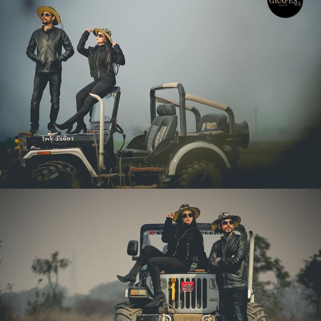 Pre-wedding couple portrait on a safari jeep at The Banyan Retreat