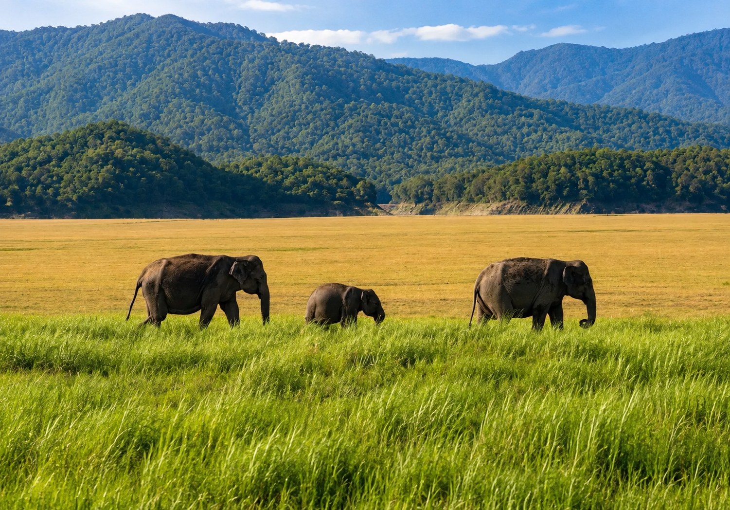 Wild elephants crossing the Dhikala grasslands with forested Corbett hills behind