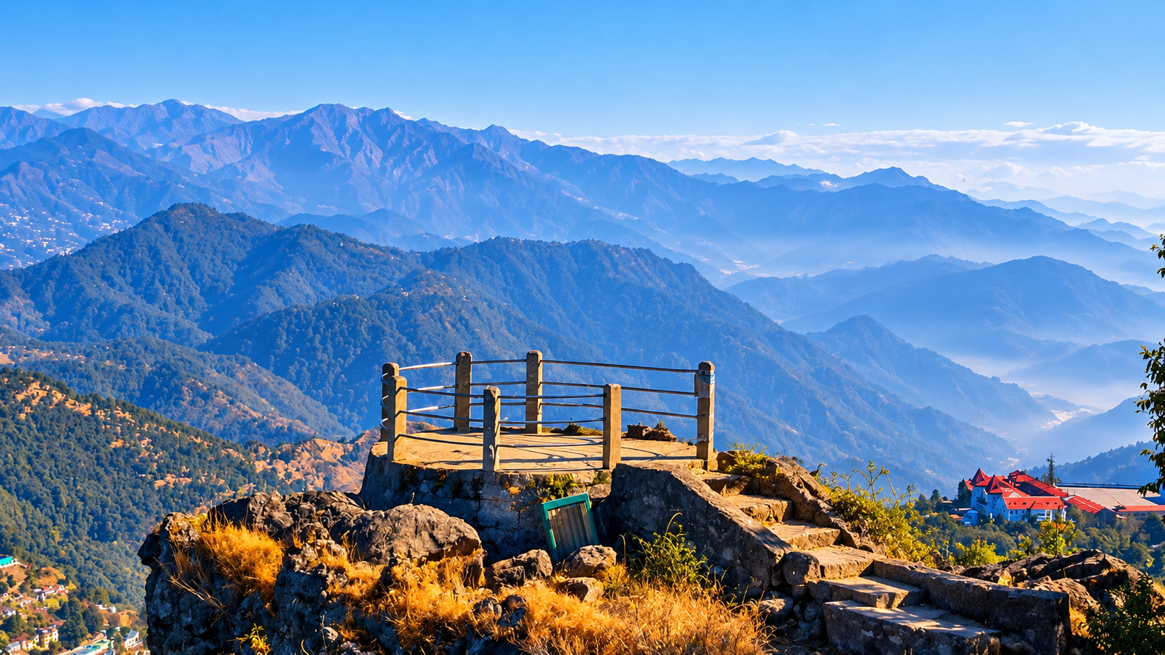 Tiffin Top viewpoint platform with sweeping views of forested Kumaon hills and distant Himalayan peaks
