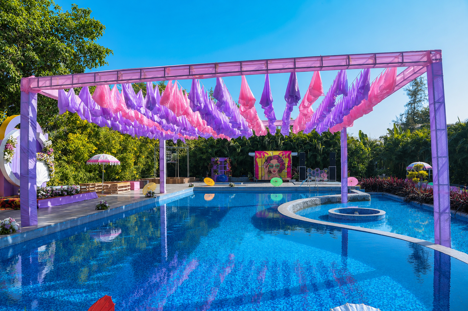 Kafal Lawn celebration area with draped canopy at The Banyan Retreat Jim Corbett