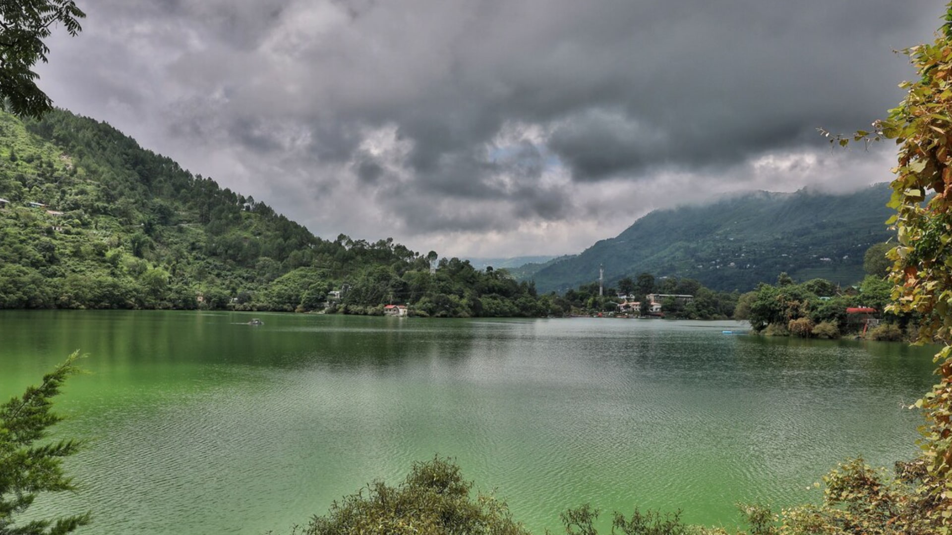 Colourful paddle boats moored on the still water of Naukuchiatal lake