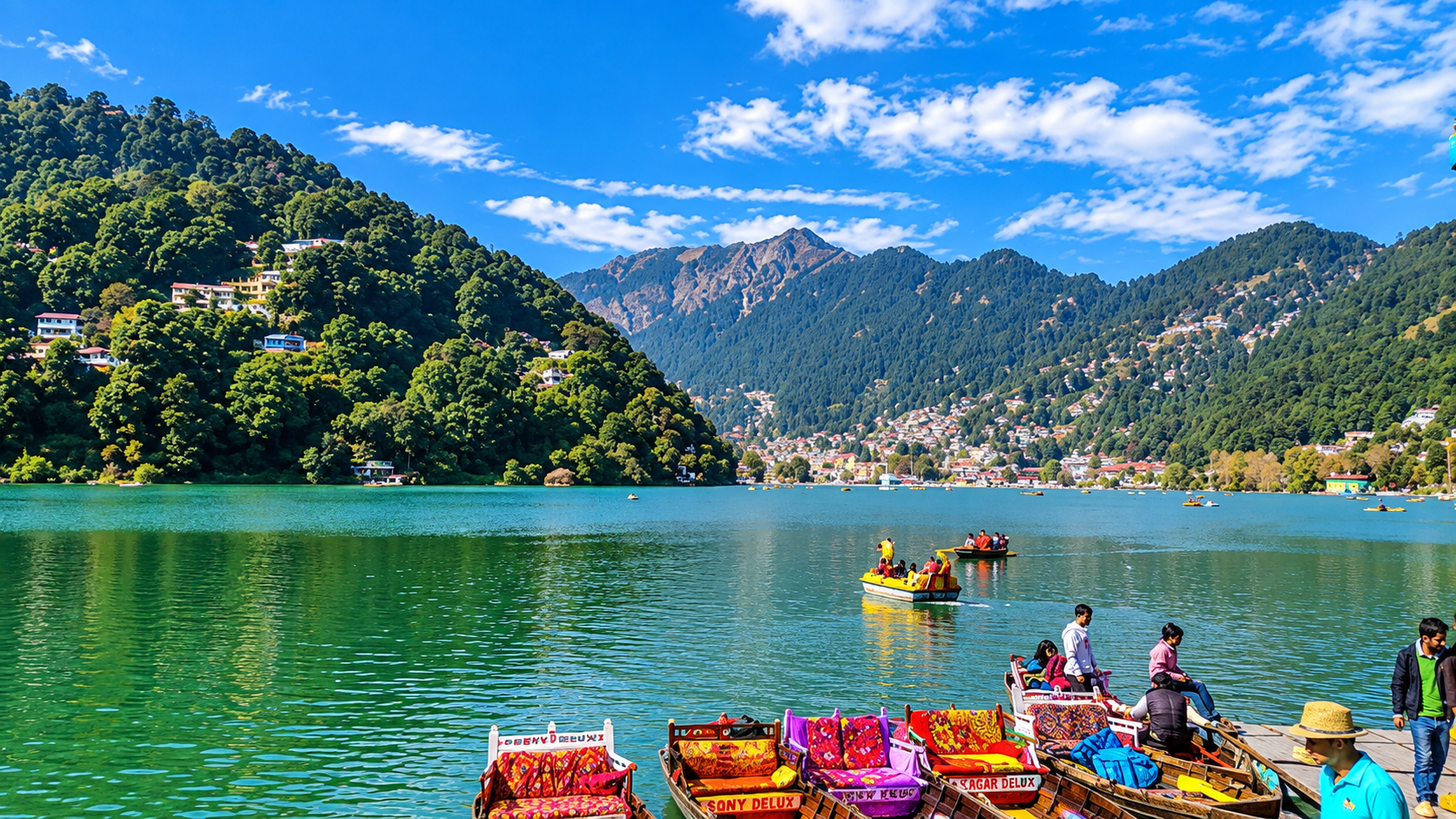 Colourful boats on Naini Lake with Nainital town and green hills in the distance