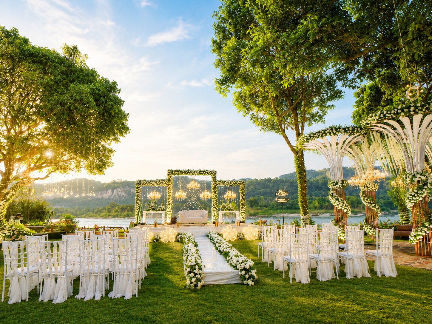 Riverside wedding decor at La Perle River Resort, Jim Corbett