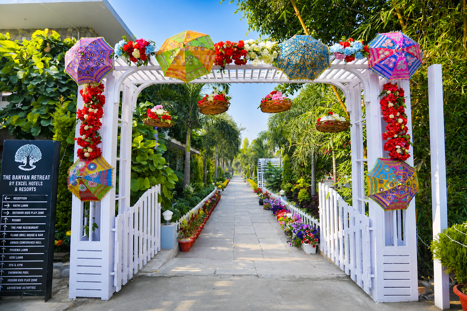 Floral wedding entrance gateway at The Banyan Retreat Jim Corbett set for a celebration