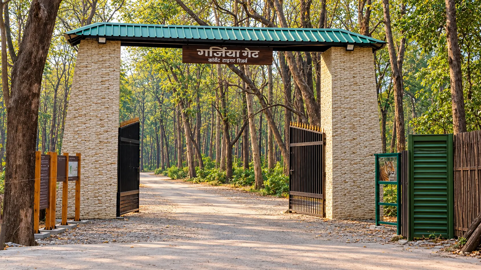 Garjiya Gate entrance with stone pillars, green roof and forest road leading into Corbett Tiger Reserve