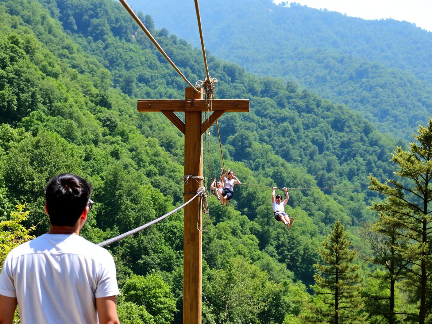 Outdoor adventure park with rope activities in the green Himalayan foothills near Bhimtal