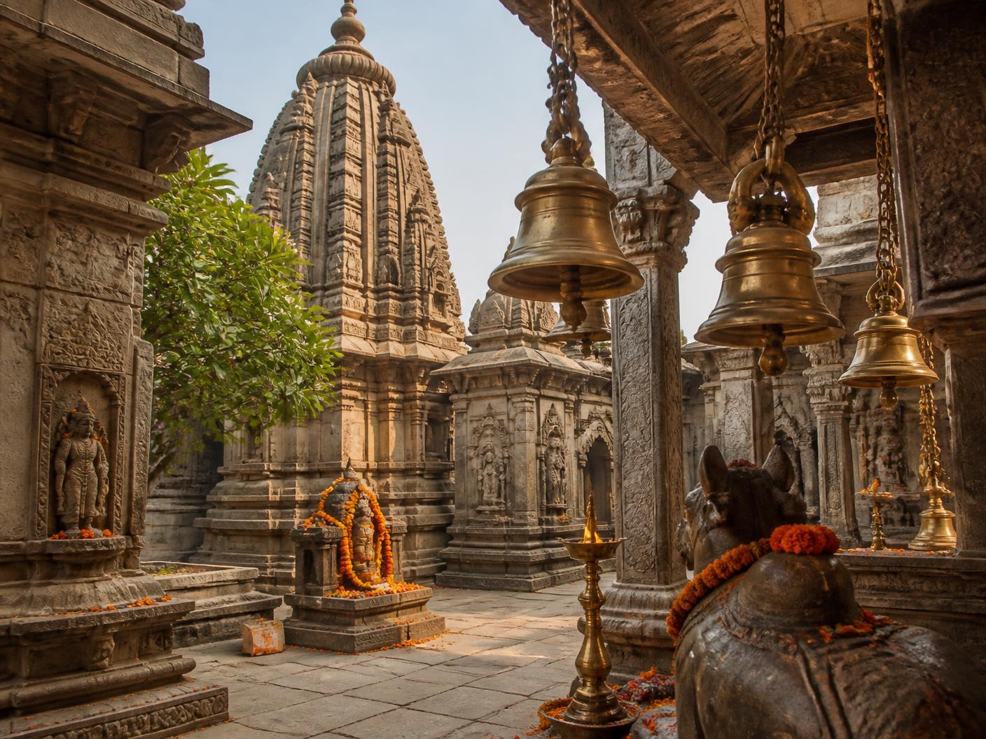 Carved stone temple courtyard with brass bells and marigold offerings at a Shiva temple in Uttarakhand
