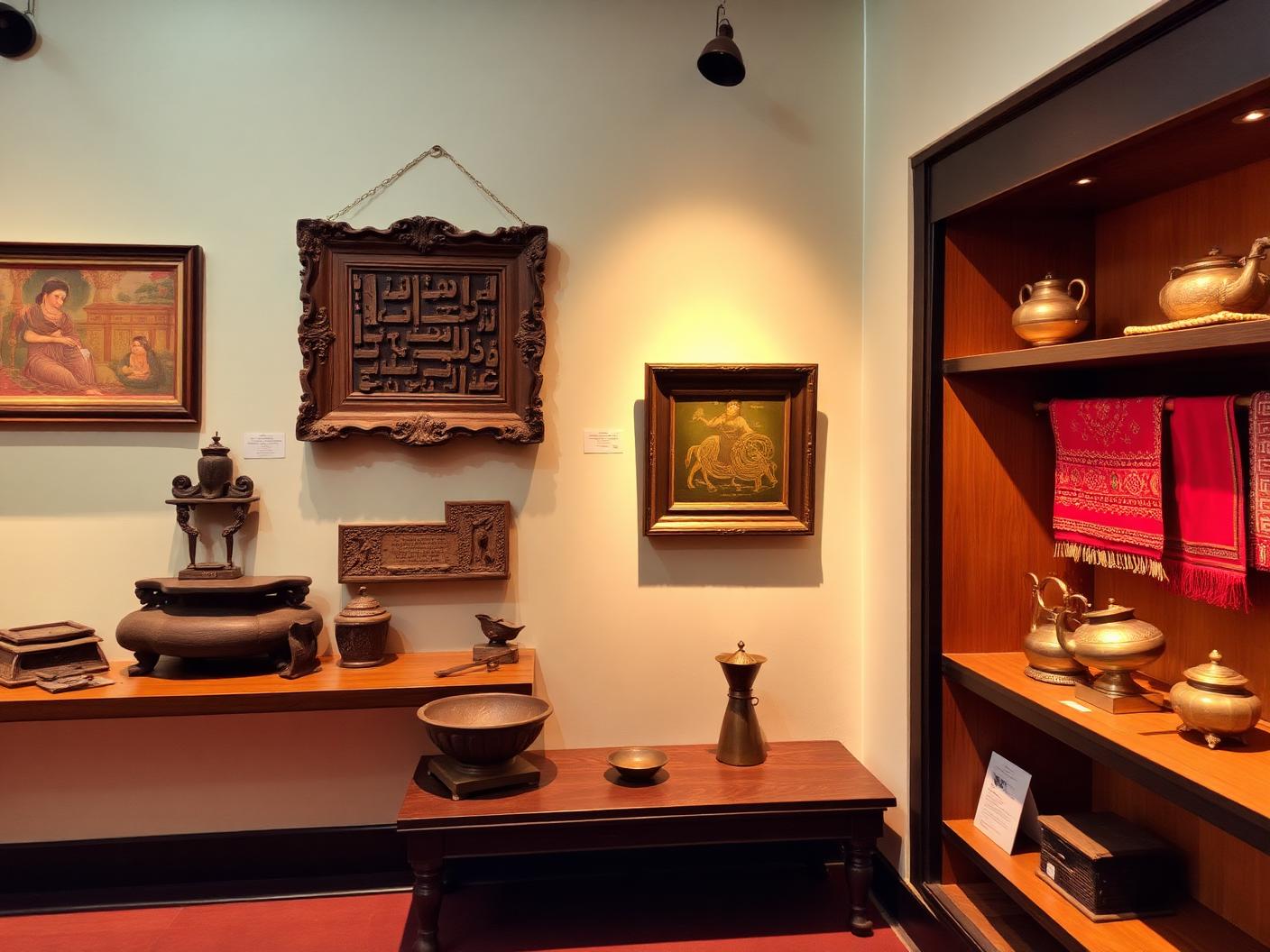 Traditional Kumaoni artefacts, folk paintings and wooden antiques displayed in a heritage museum interior