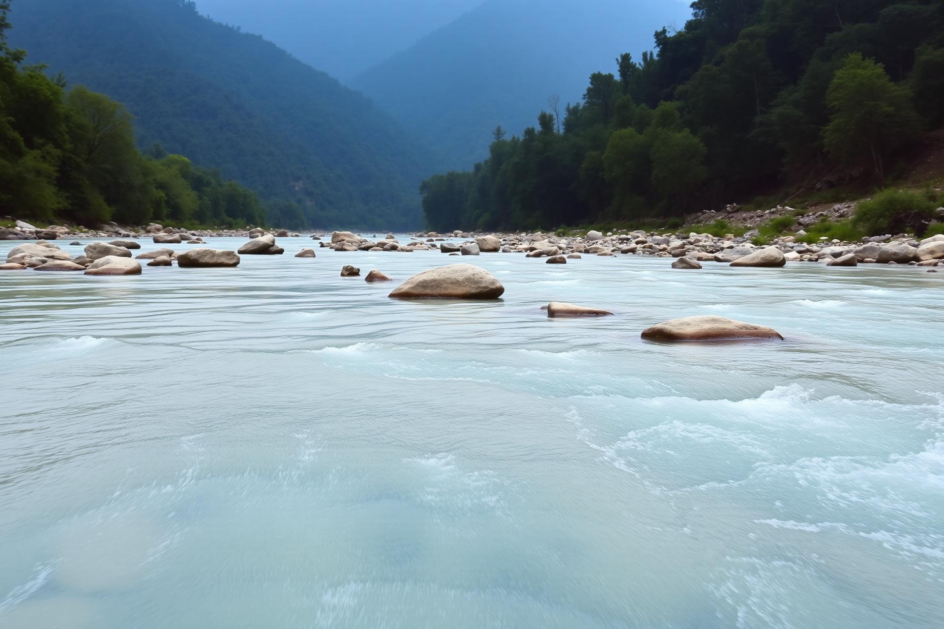 Peaceful Kosi River flowing through the forested Corbett landscape