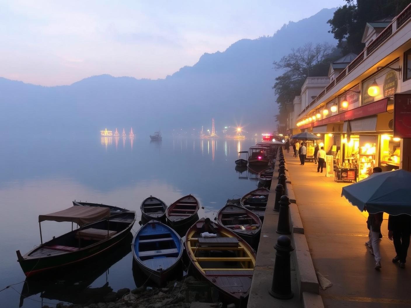 Evening lights along Mall Road with boats moored on Naini Lake, Nainital