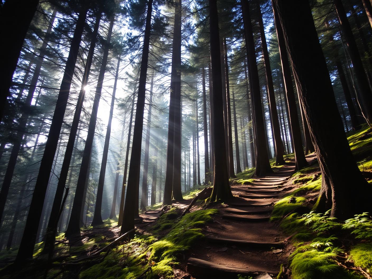 Forest trail through tall deodar trees leading towards Naina Peak near Nainital