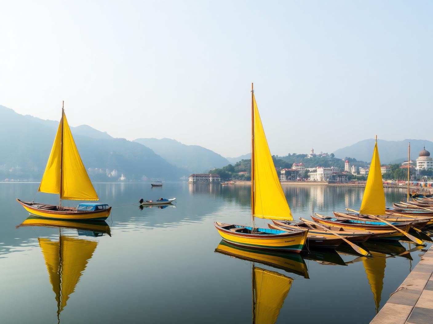 Wooden rowing boats moored on the Nainital lakefront
