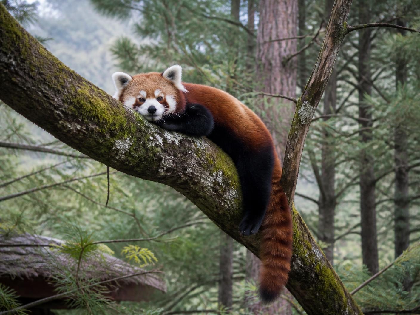 Red panda resting on a mossy branch amid Himalayan pines at Nainital Zoo