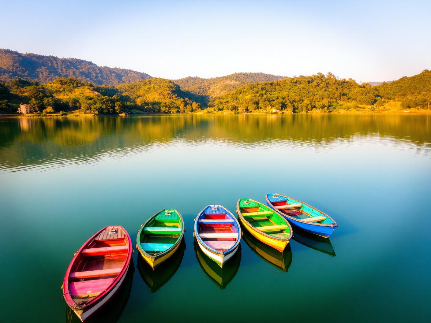 Colourful paddle boats moored on the still water of Naukuchiatal lake