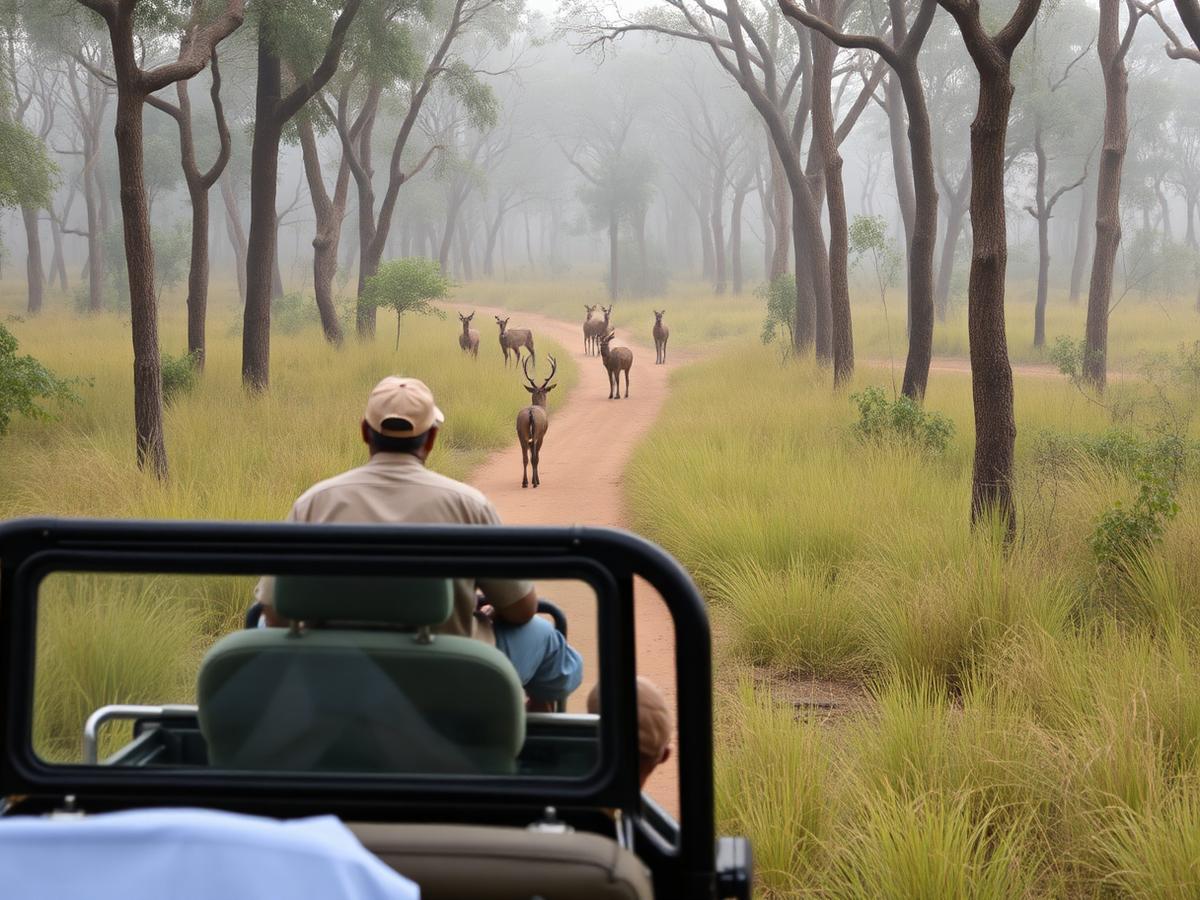 Open jeep safari on a forest trail with deer grazing in the Phato landscape