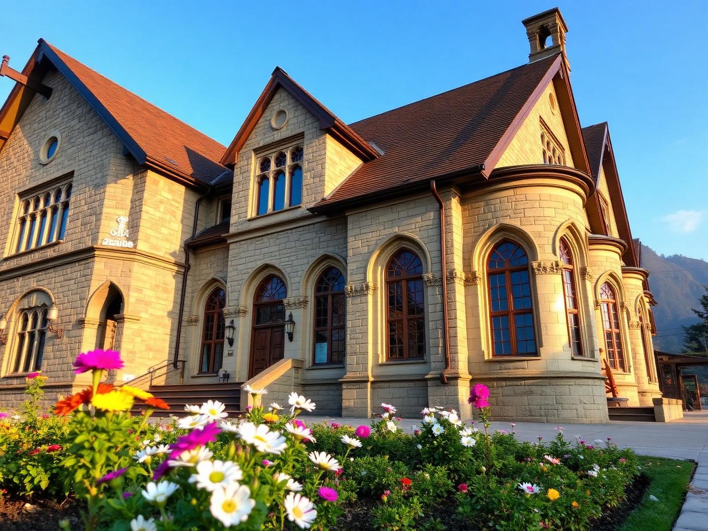 Colonial stone architecture and landscaped garden of Raj Bhawan in Nainital