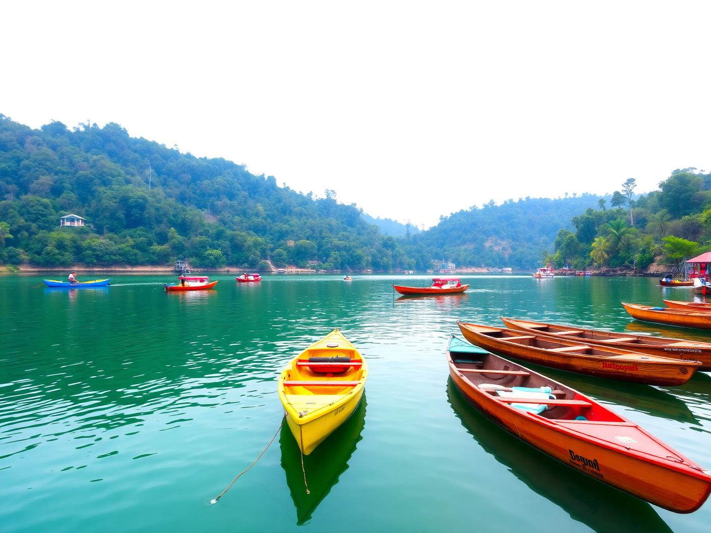 Kayaks and wooden boats moored on the green water of Sattal Lake