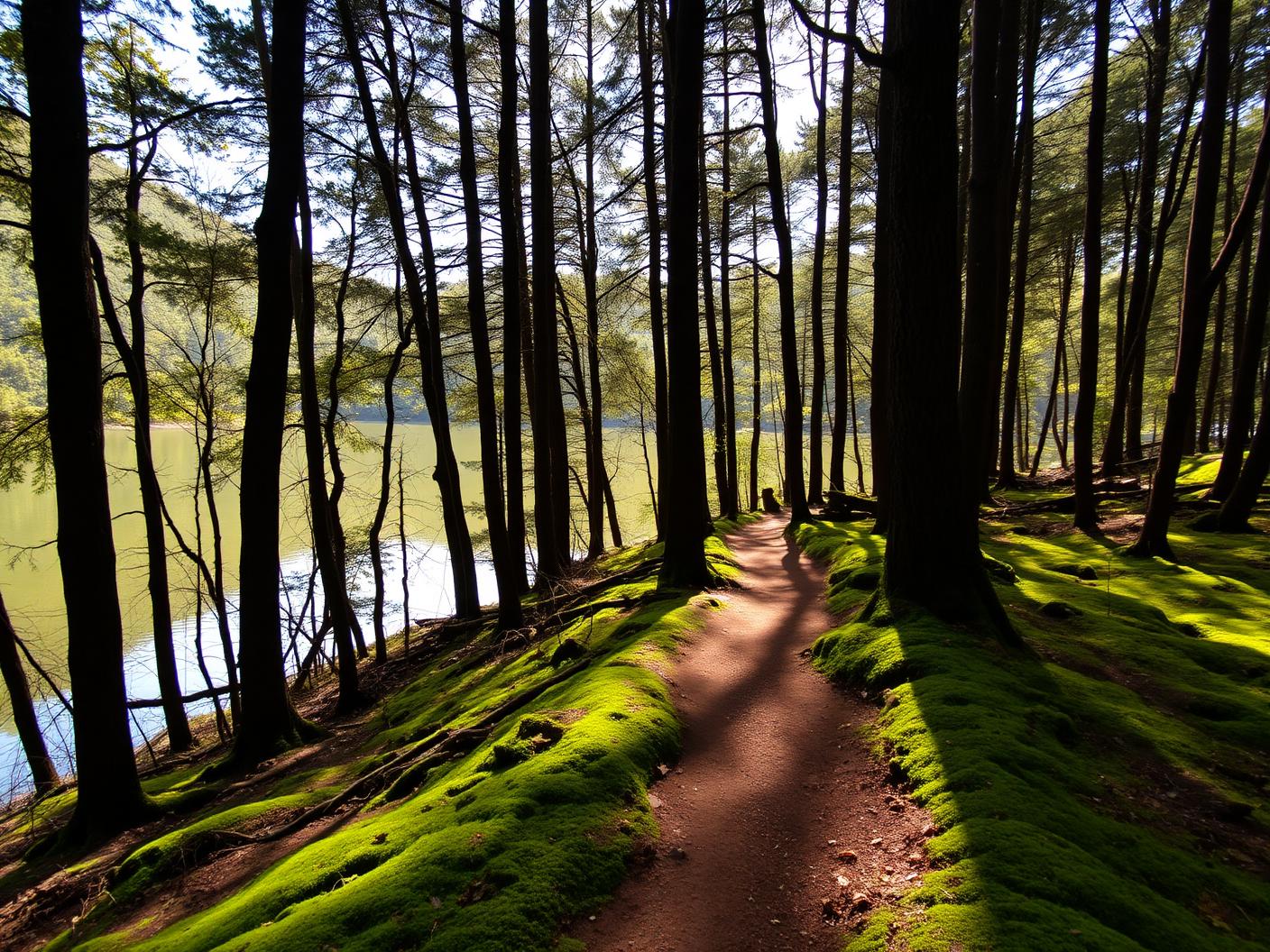 A mossy forest trail running beside one of the Sattal lakes