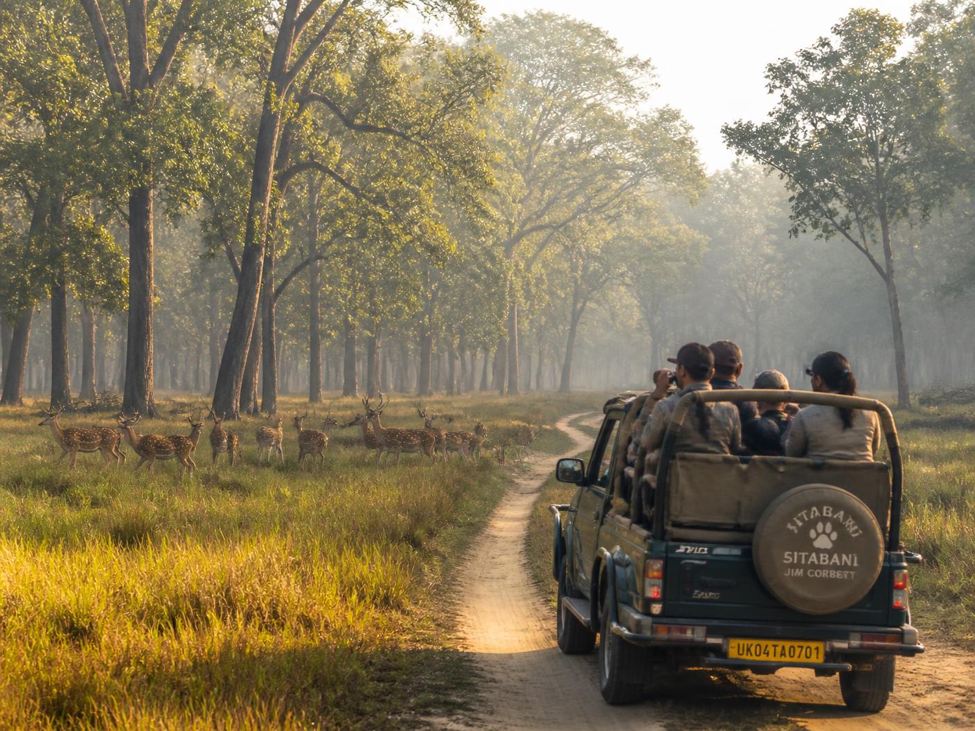 Jeep safari on a forest track with spotted deer in a Sitabani grassland clearing