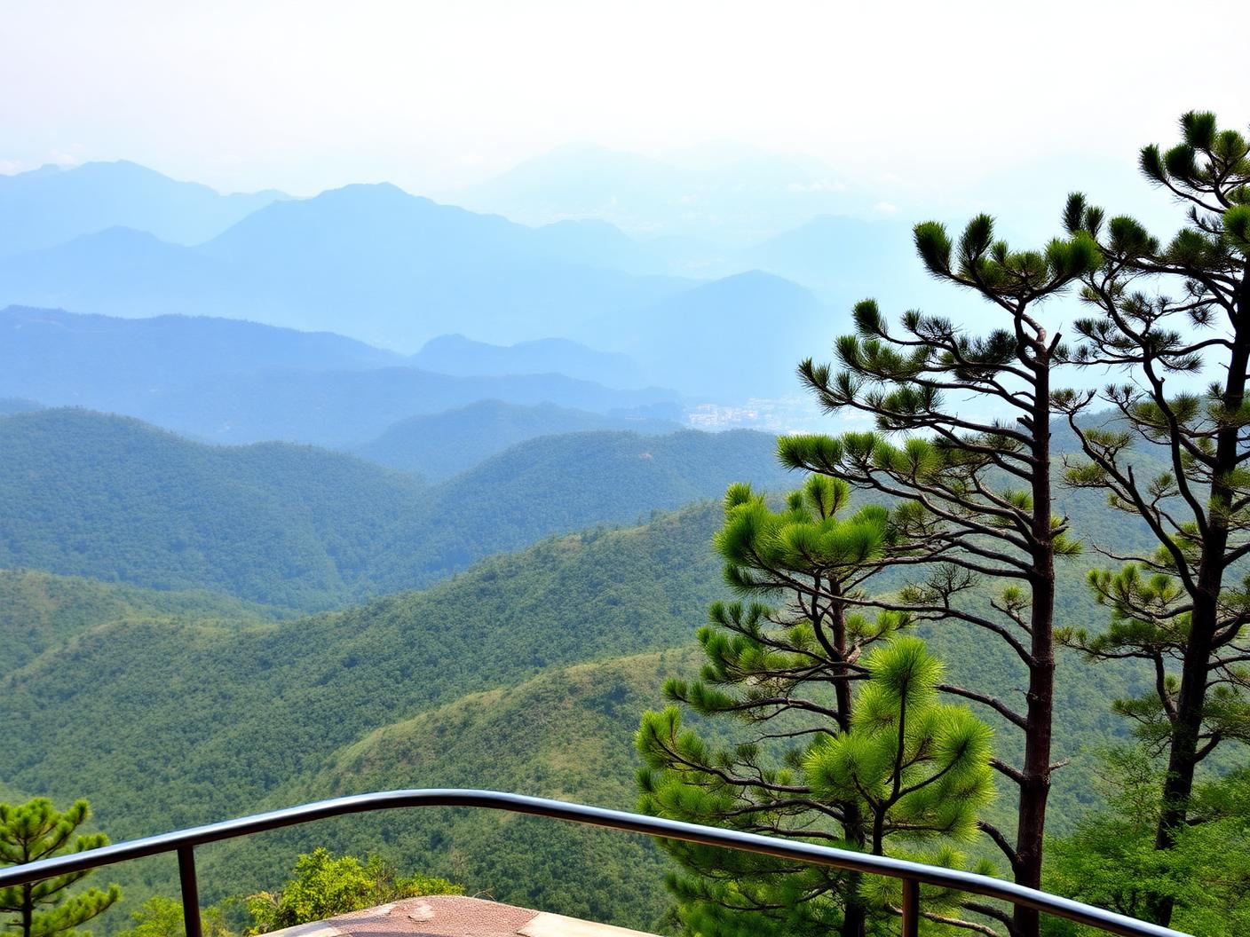 Viewing deck at Snow View Point overlooking layered Himalayan foothills near Nainital