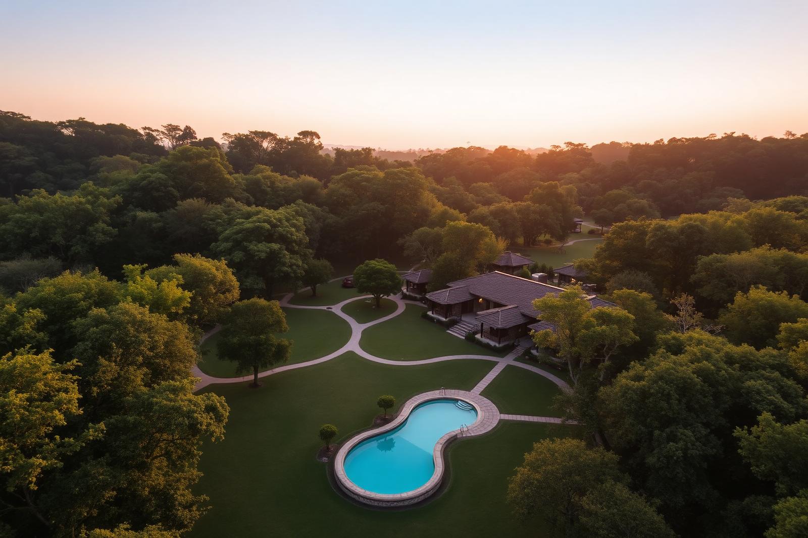 Aerial view of The Banyan Retreat estate and forest, Jim Corbett