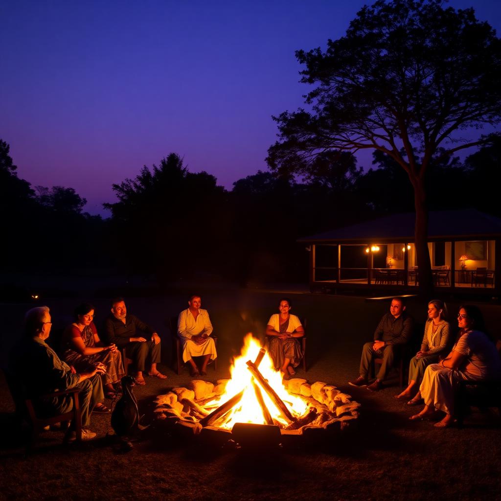 Guests gathered around a bonfire on the lawn at dusk, The Banyan Retreat, Jim Corbett