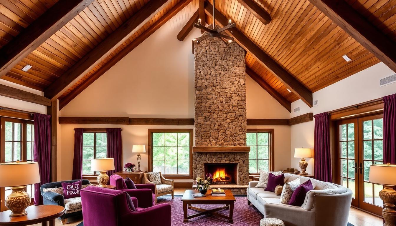 Banyan Cottage lounge area in Corbett with stone fireplace and gabled ceiling