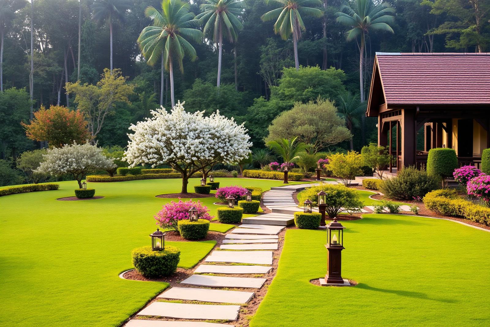 Landscaped gardens and stone pathway at The Banyan Retreat
