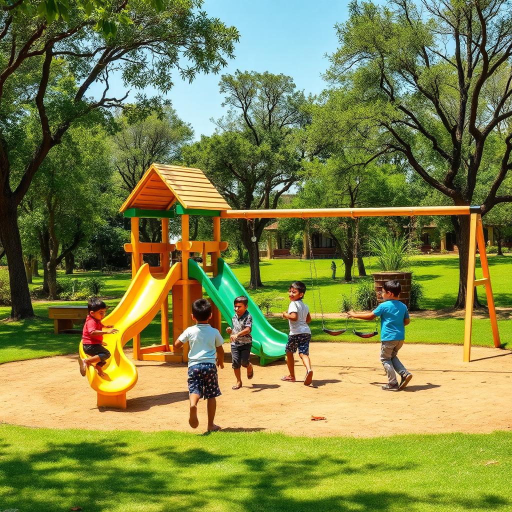 Children enjoying slides and swings at the outdoor kids' play area, The Banyan Retreat
