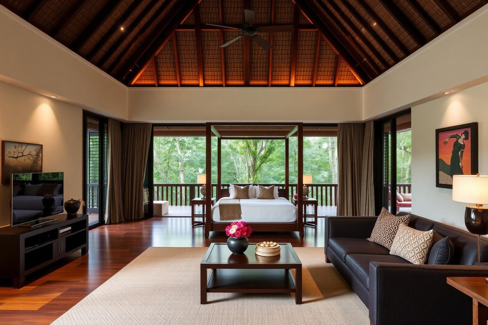Interior of a Banyan Suite with king bed and forest outlook