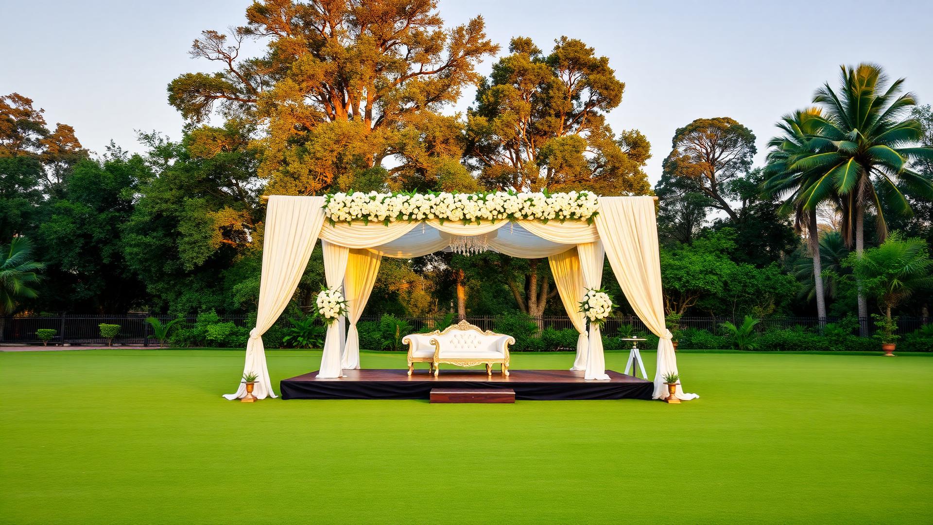 Wedding mandap setup on the lawn at The Banyan Retreat