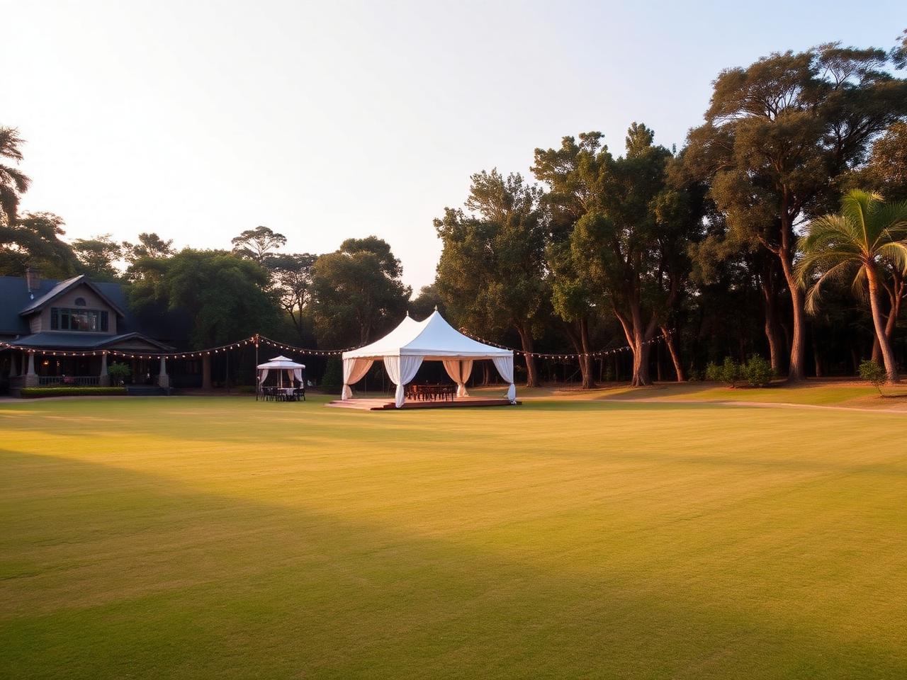 Lush green lawn prepared for an outdoor event at The Banyan Retreat