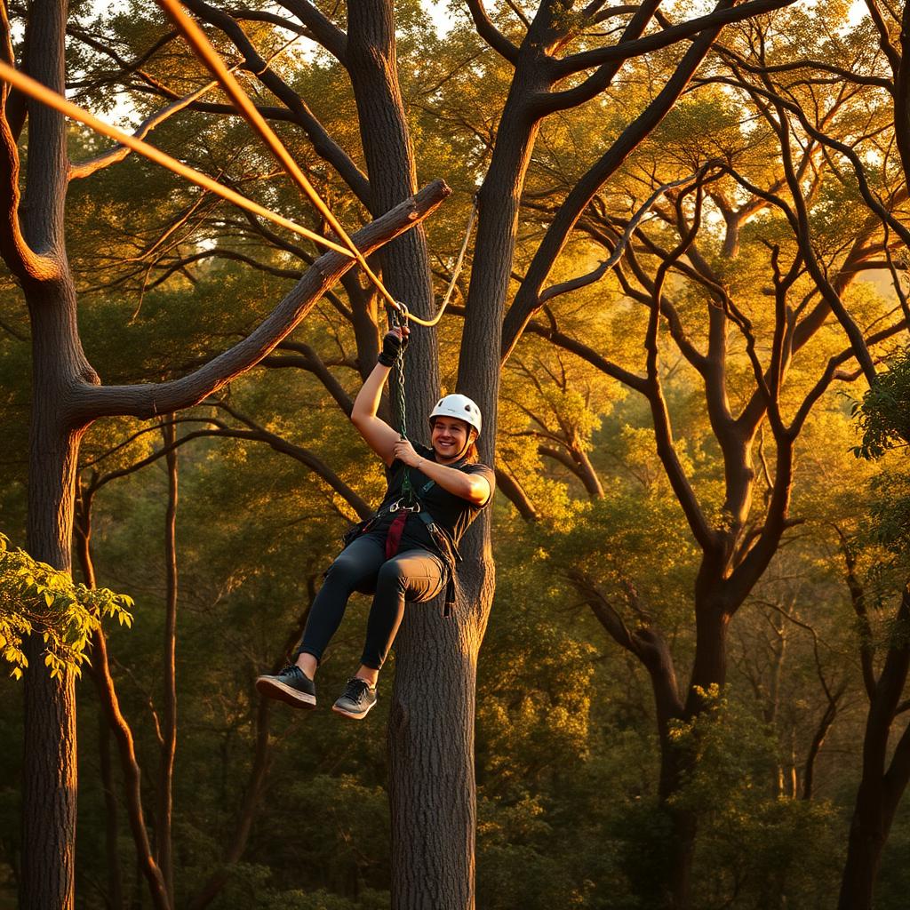 Guest on a zipline through the sal forest at The Banyan Retreat, Jim Corbett