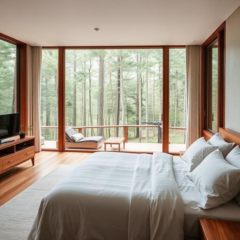 A verandah at an Excel retreat opening onto forest and hills